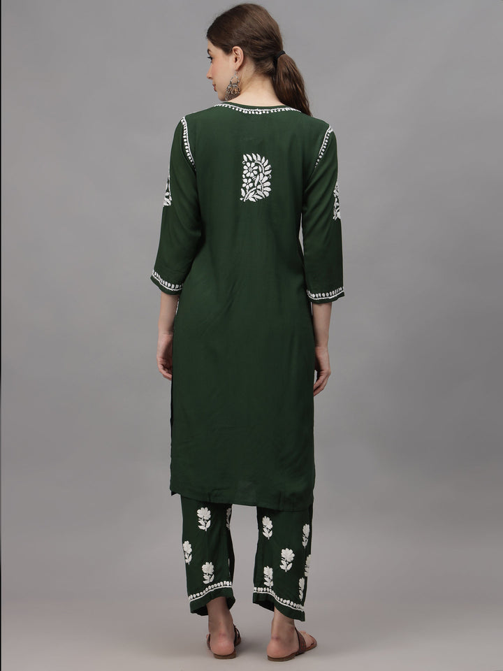 Dark-Green-Rayon-Embroidered-Chikankari-2-Piece-Kurta-Set