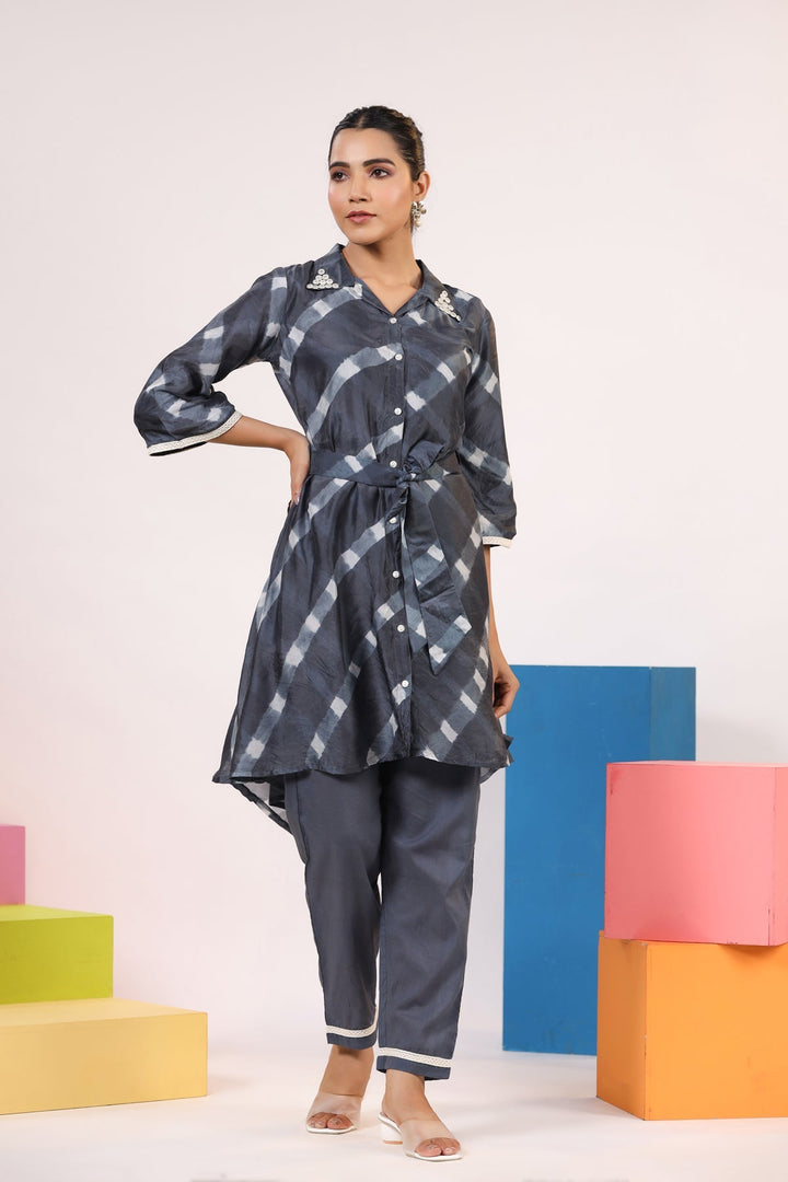 Dark Grey & White Tie & Dye Silk Co-Ord Set