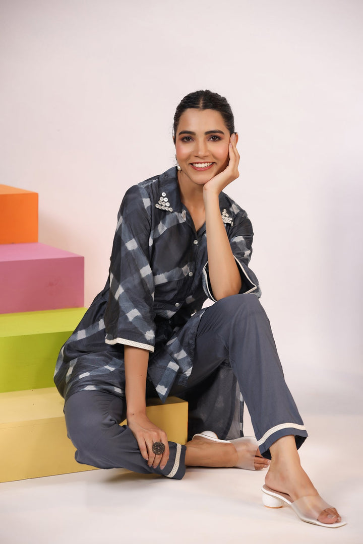 Dark Grey & White Tie & Dye Silk Co-Ord Set