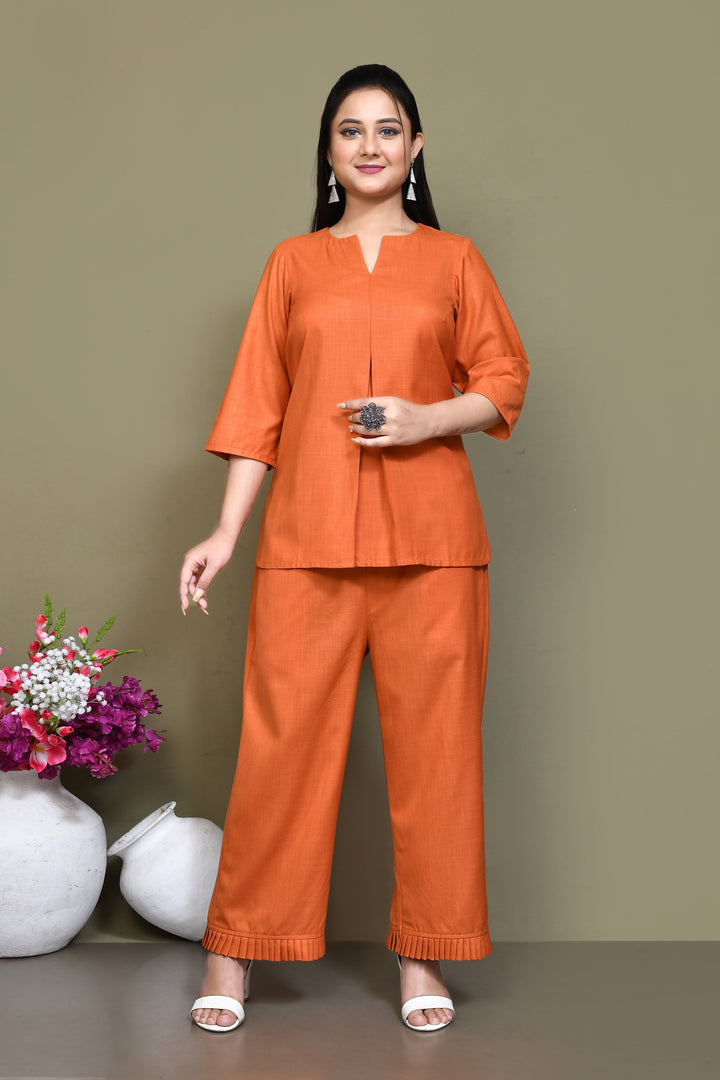 ZERESOUQ-Dark-Peach-Cotton-Slub-Solid-Co-ord-Sets