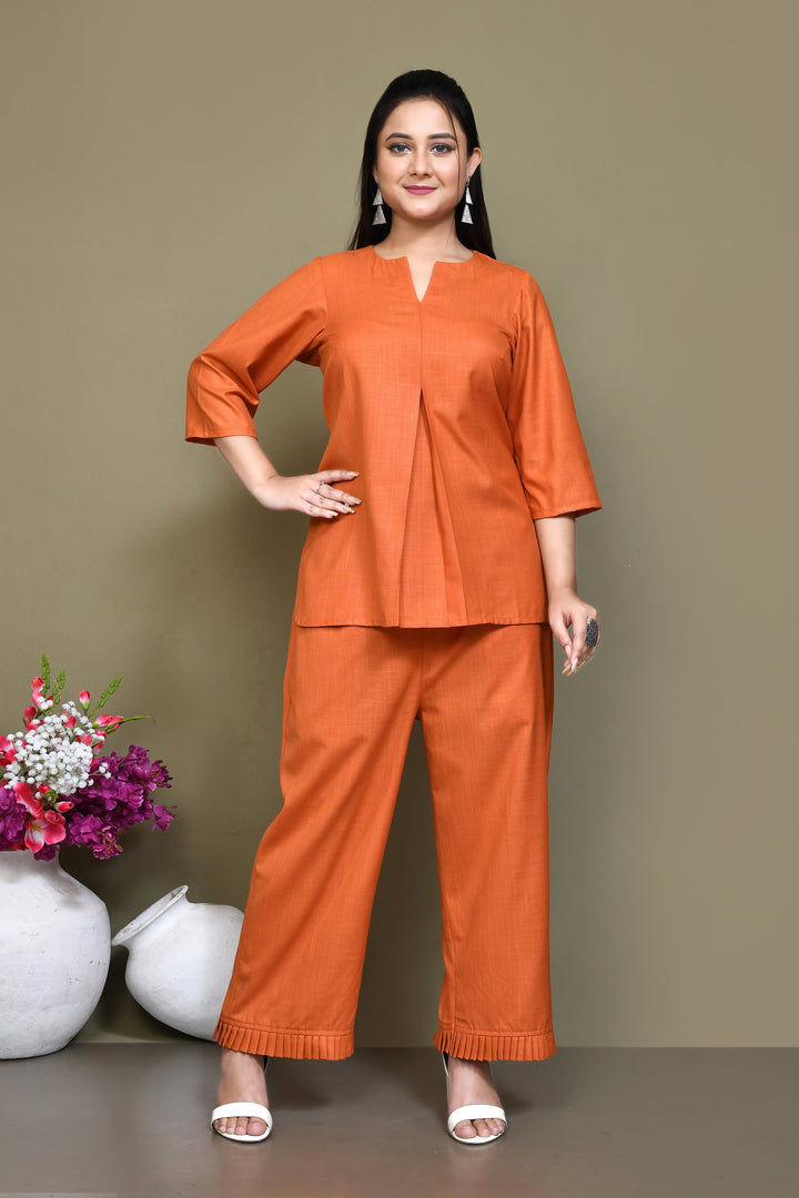 ZERESOUQ-Dark-Peach-Cotton-Slub-Solid-Co-ord-Sets