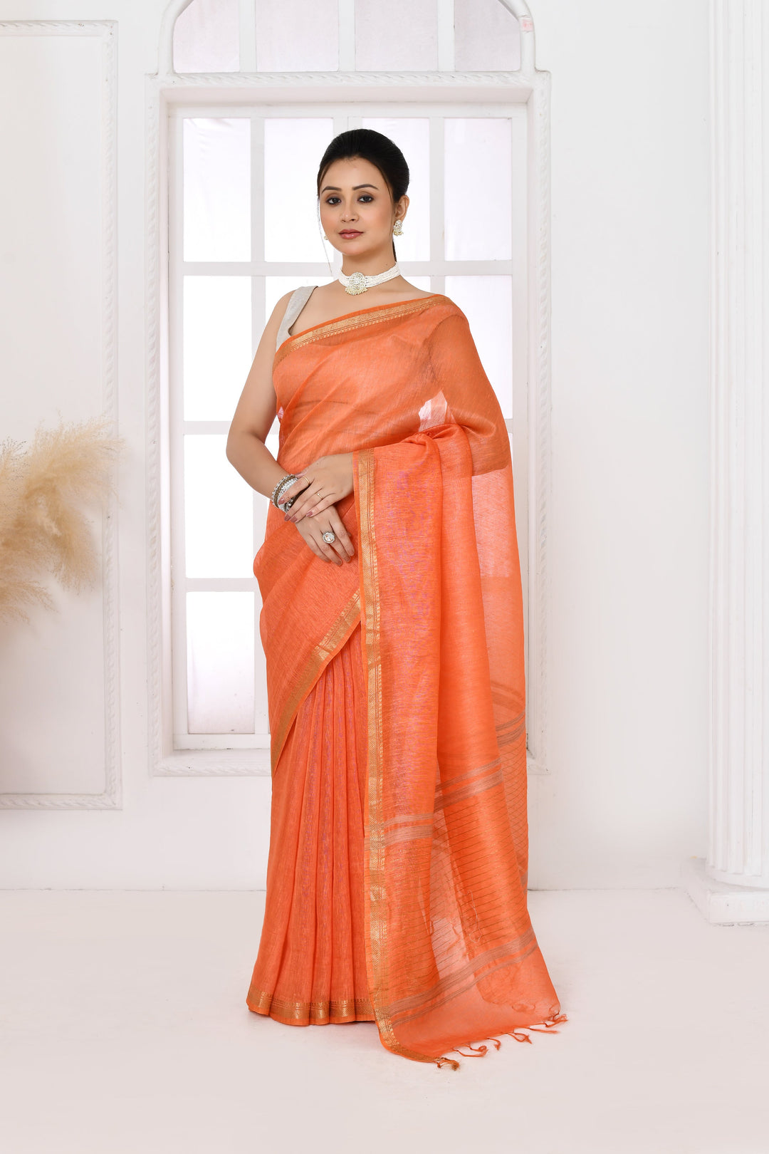 Dark-Peach-Tussar-Linen-Handloom-Saree-With-Embroidered-Blouse