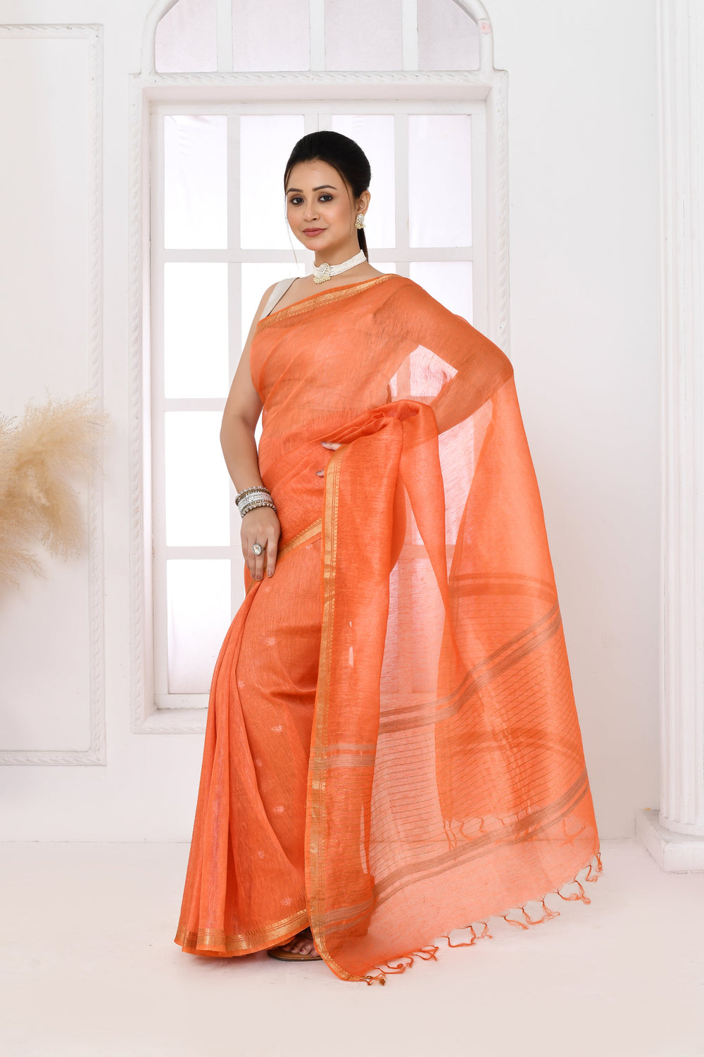 Dark-Peach-Tussar-Linen-Handloom-Saree-With-Embroidered-Blouse