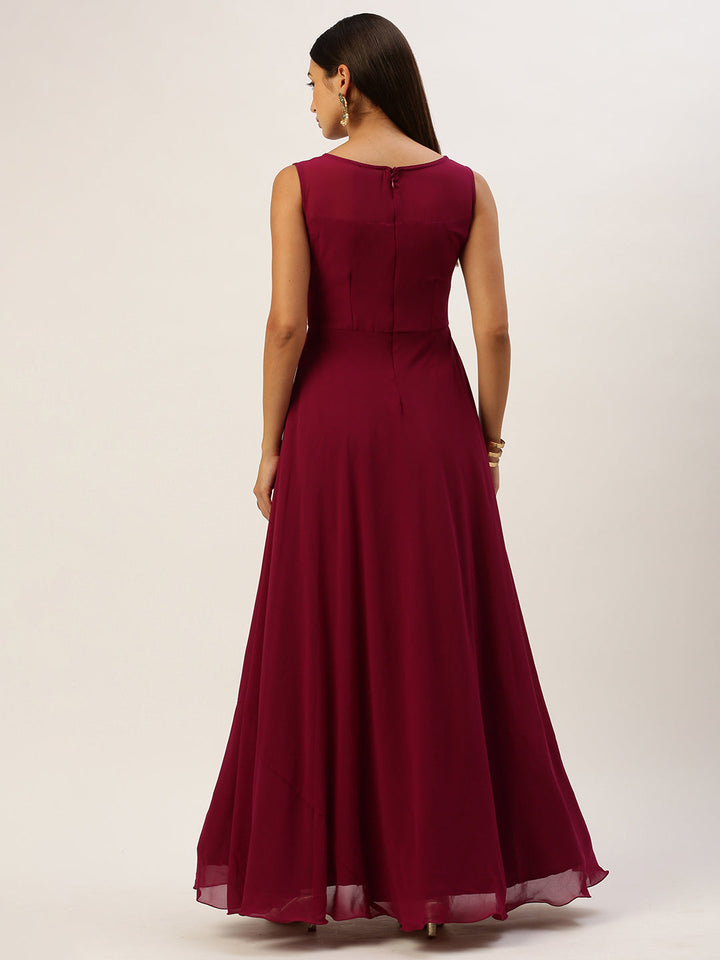 Deep Magenta Georgette Embroidered Boat Neck Gown