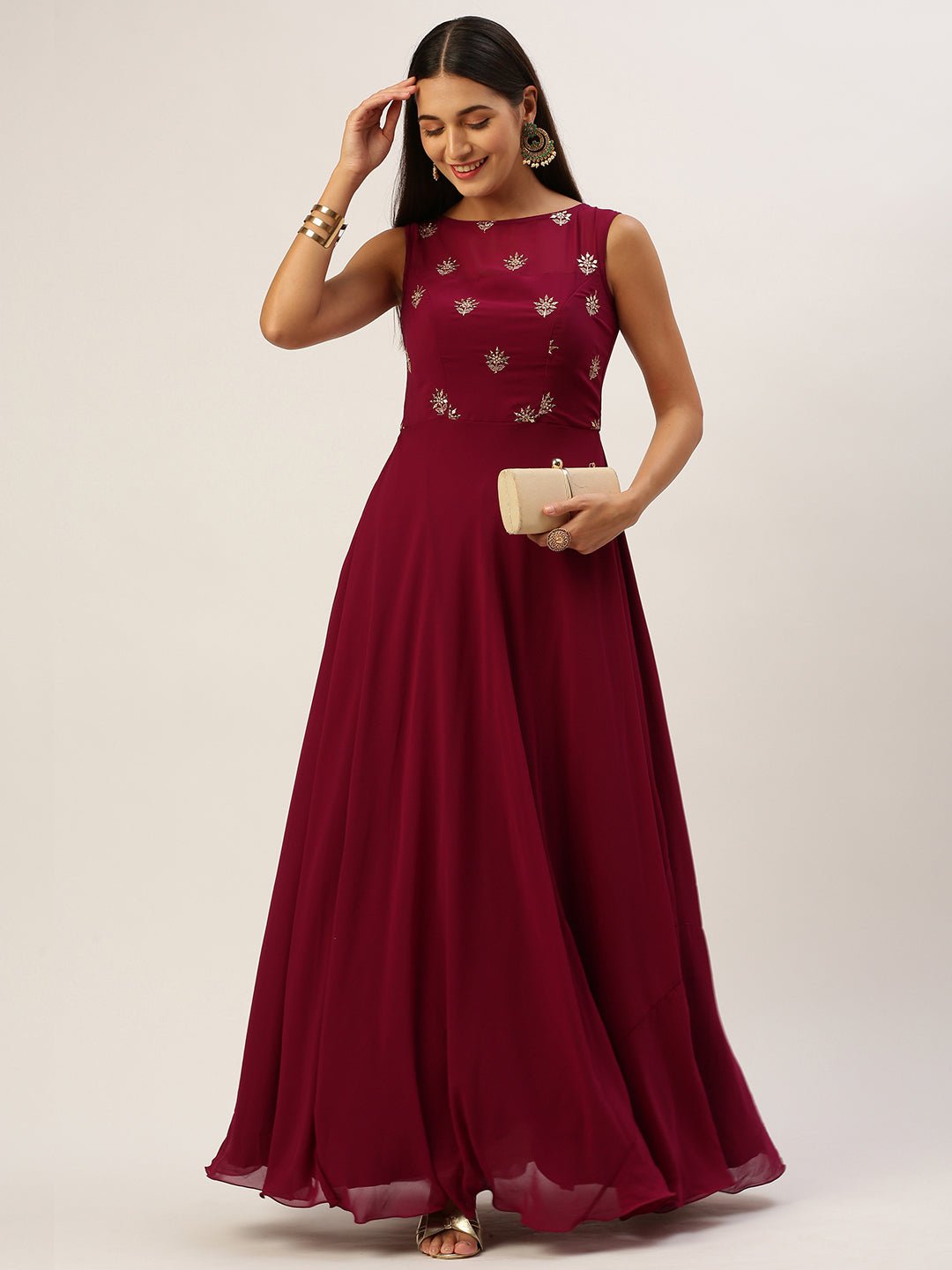 Deep Magenta Georgette Embroidered Boat Neck Gown