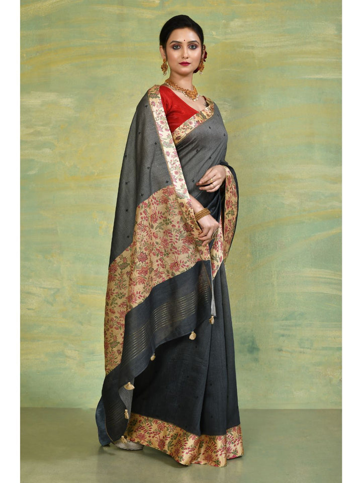 Deep Grey & Printed Beige Linen Banarasi Saree