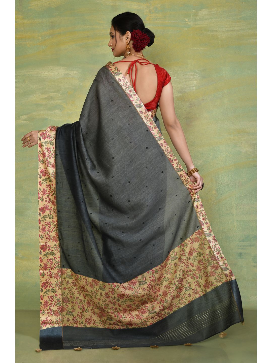 Deep Grey & Printed Beige Linen Banarasi Saree