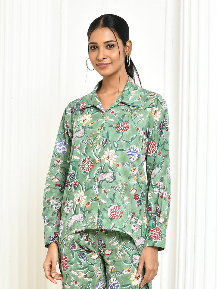 ZERESOUQ-Dhanvi-Green-Cotton-Handprinted-Shirt