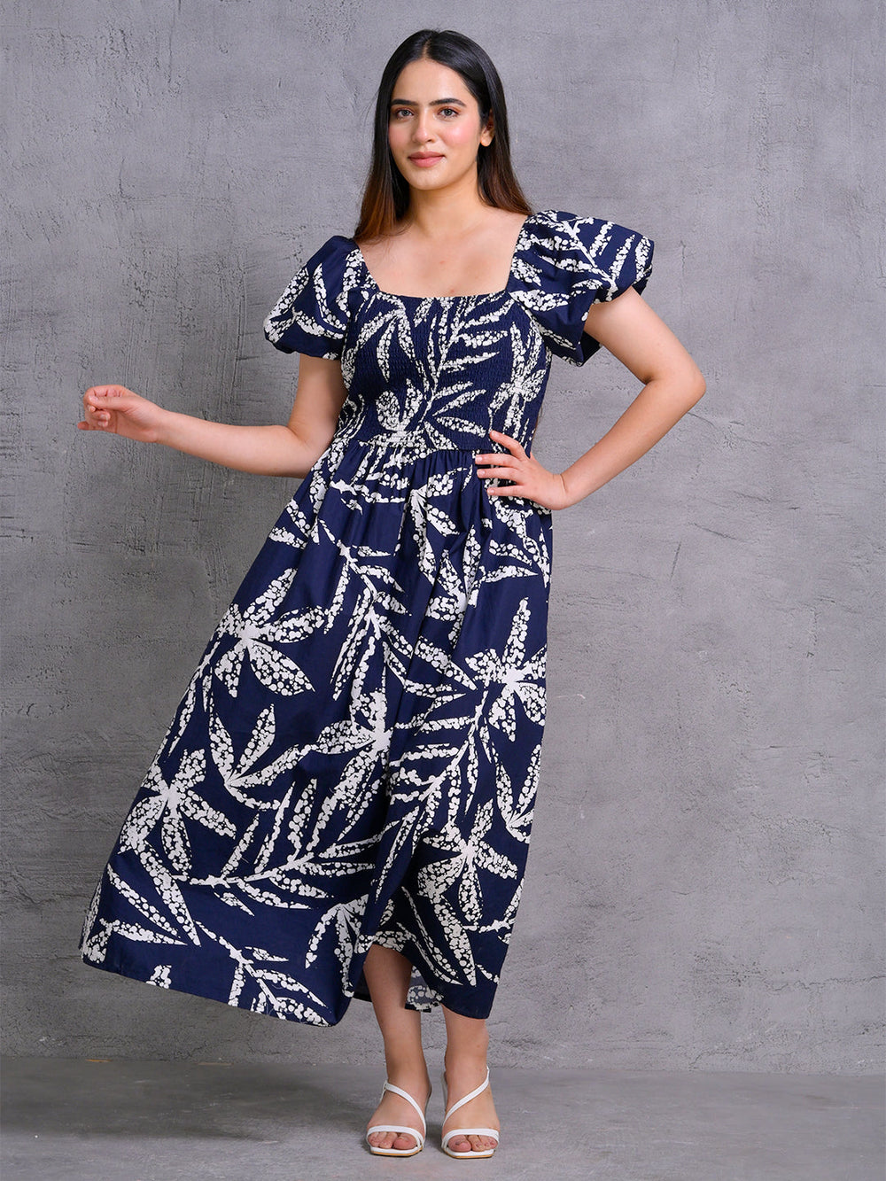 Navy-Blue-Cotton-Smocked-Midi-Dress