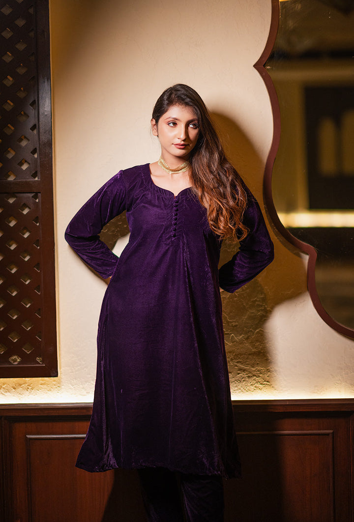 ZERESOUQ-Purple-Velvet-Solid-Co-ord-Set