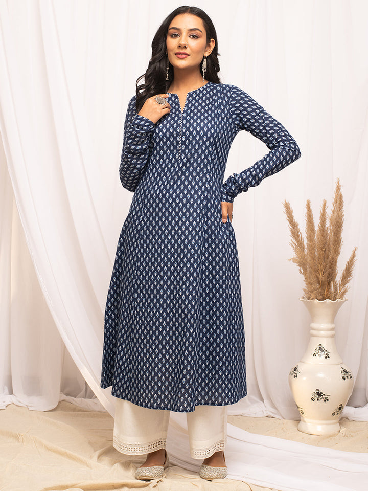Navy-Blue-Cotton-Floral-Print-A-Line-Kurta