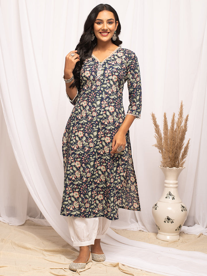 Blue-Cotton-Floral-Print-Straight-Kurta