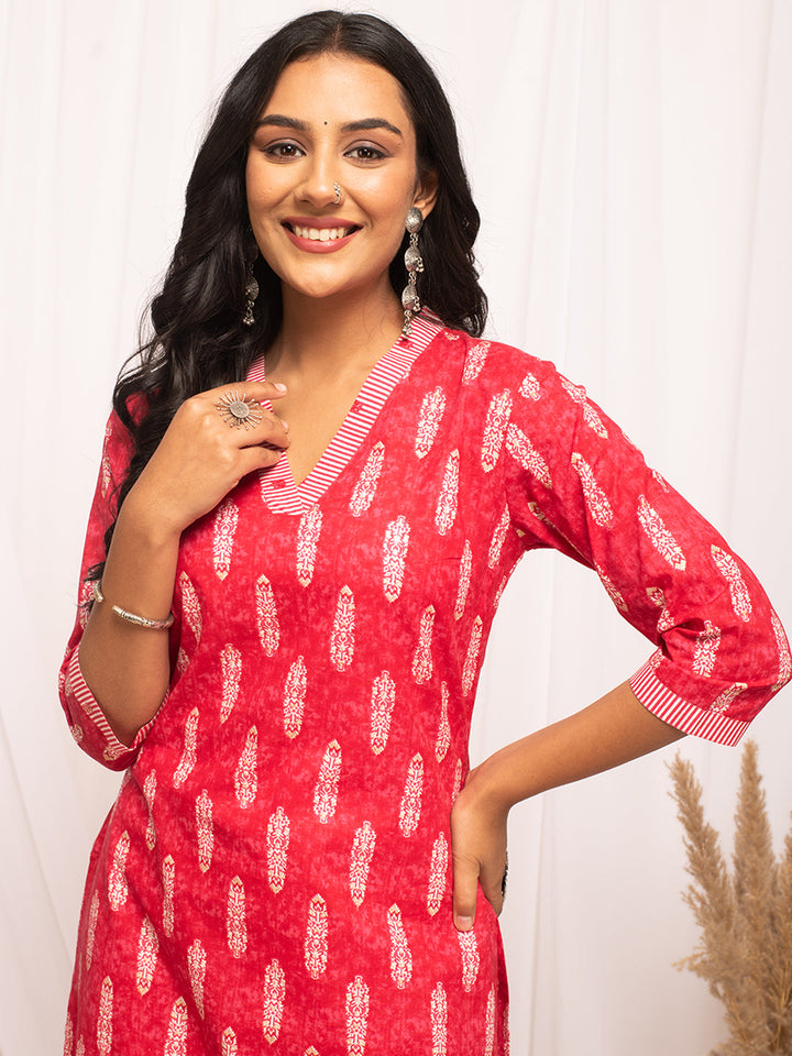 Rani-Pink-Cotton-Leaf-Print-Straight-Kurta
