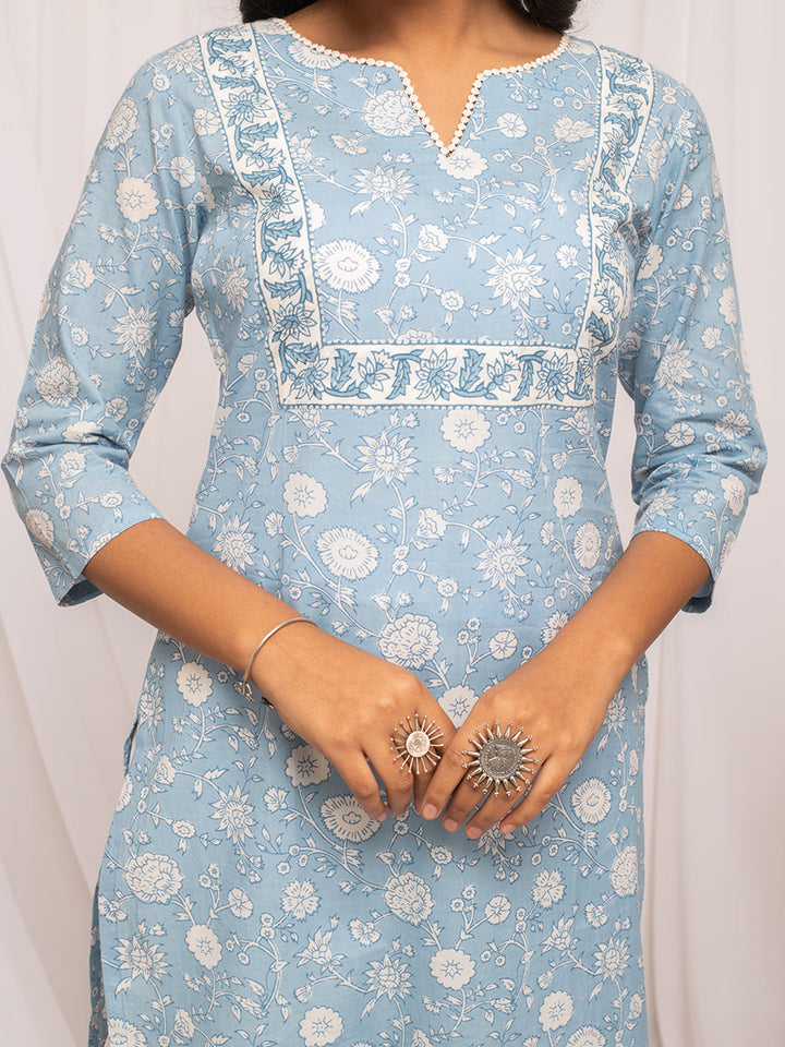 Sky-Blue-Cotton-Floral-Print-Straight-Kurta
