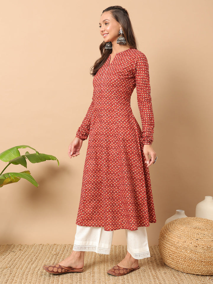 Red-Cotton-Floral-Printed-A-Line-Kurta