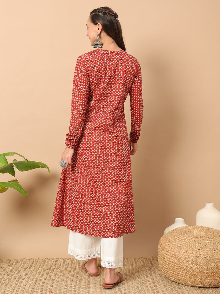 Red-Cotton-Floral-Printed-A-Line-Kurta