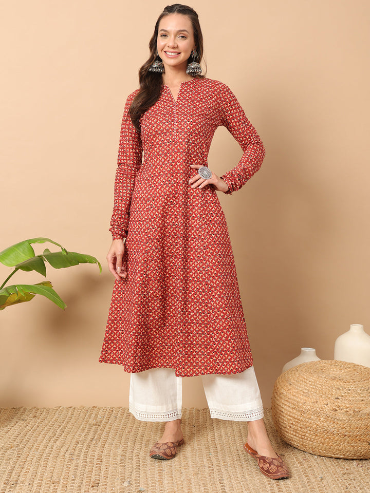 Red-Cotton-Floral-Printed-A-Line-Kurta