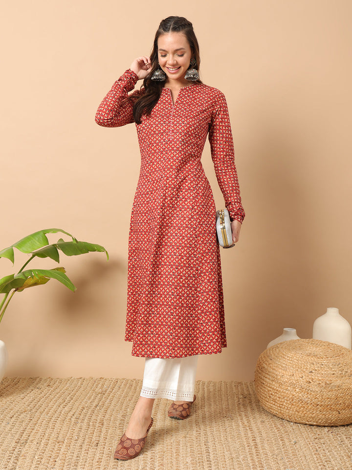 Red-Cotton-Floral-Printed-A-Line-Kurta