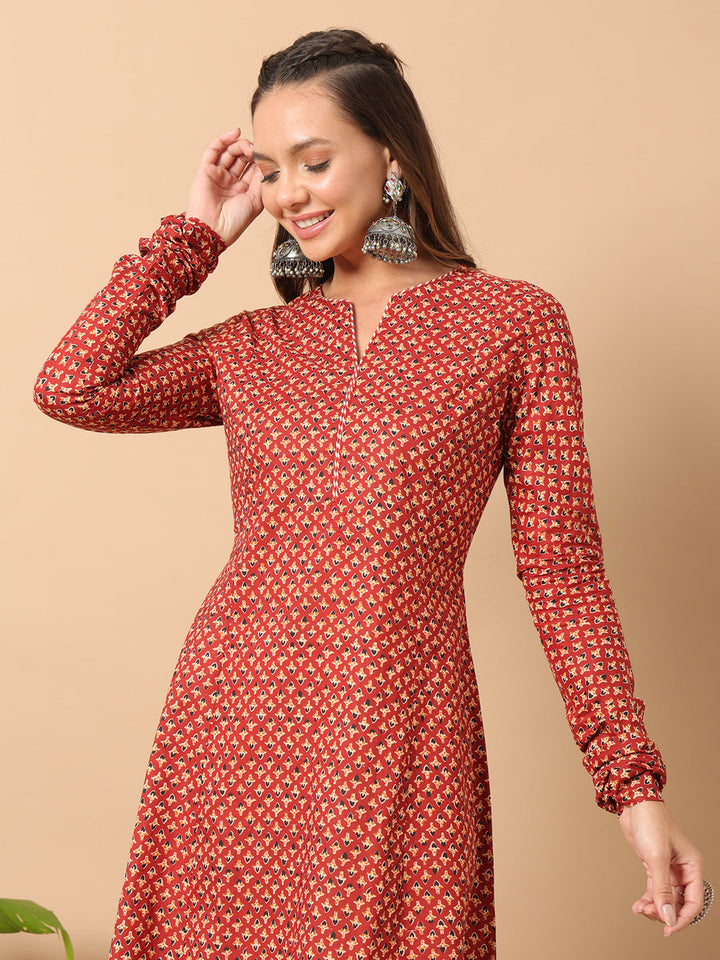 Red-Cotton-Floral-Printed-A-Line-Kurta