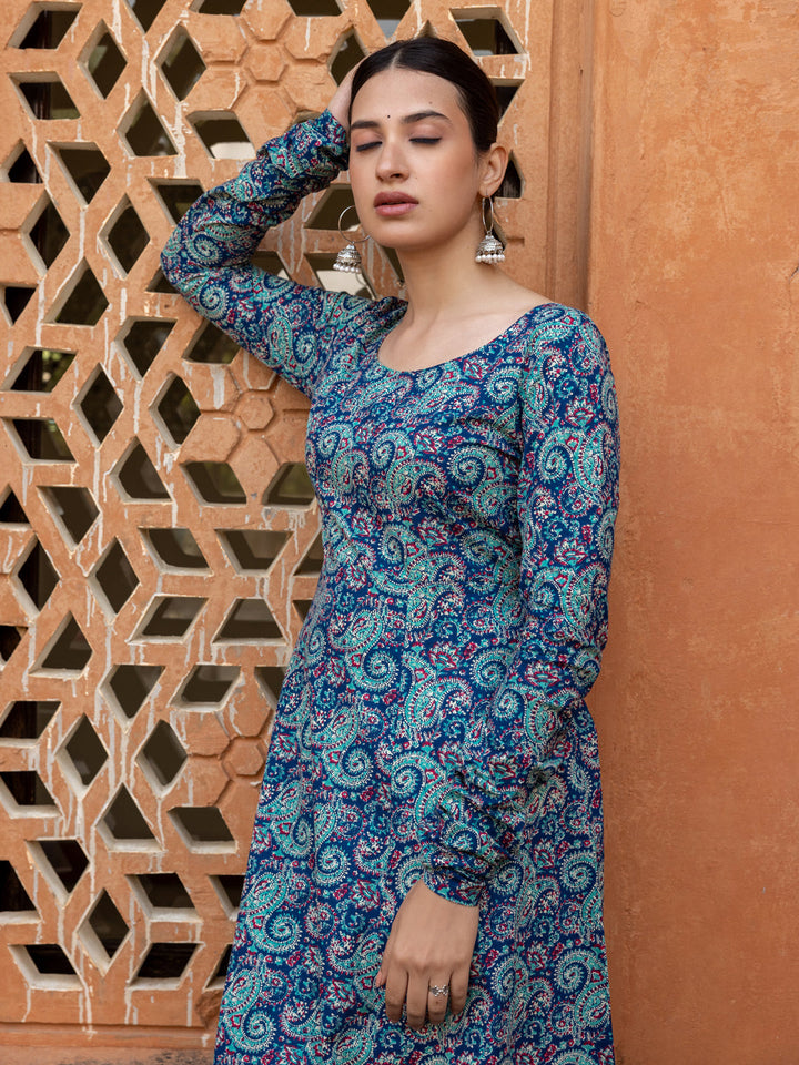 Blue-Cotton-Paisley-Printed-Anarkali-Kurta
