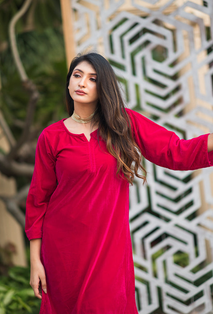 ZERESOUQ-Pink-Velvet-Solid-2-Piece-Kurta-Set