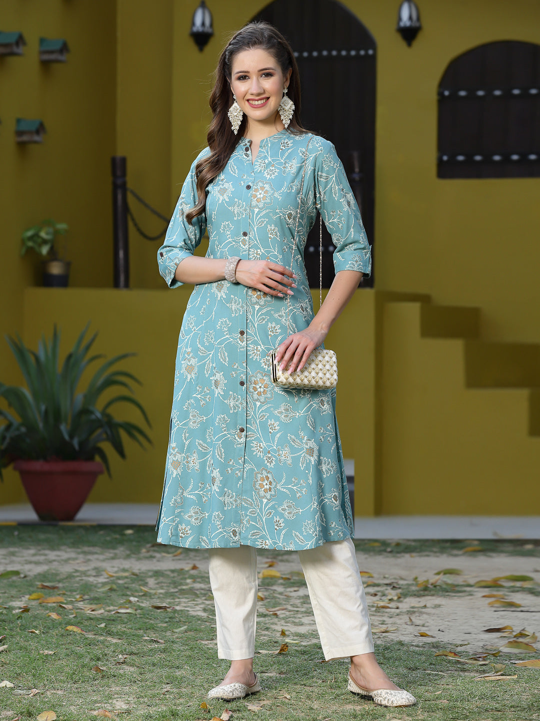 Aqua Blue Rayon Floral Print A-Line Kurta Only
