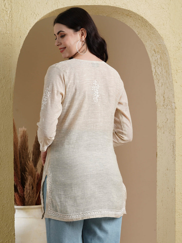 Fawn-&-White-Cotton-Khadi-Embroidered-Chikankari-Kurti