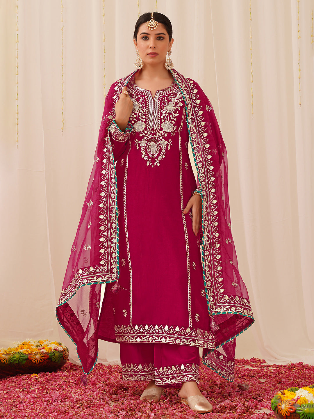 ZERESOUQ-Deep-Pink-Silk-Blend-Solid-Yoke-Design-3-Piece-Kurta-Set