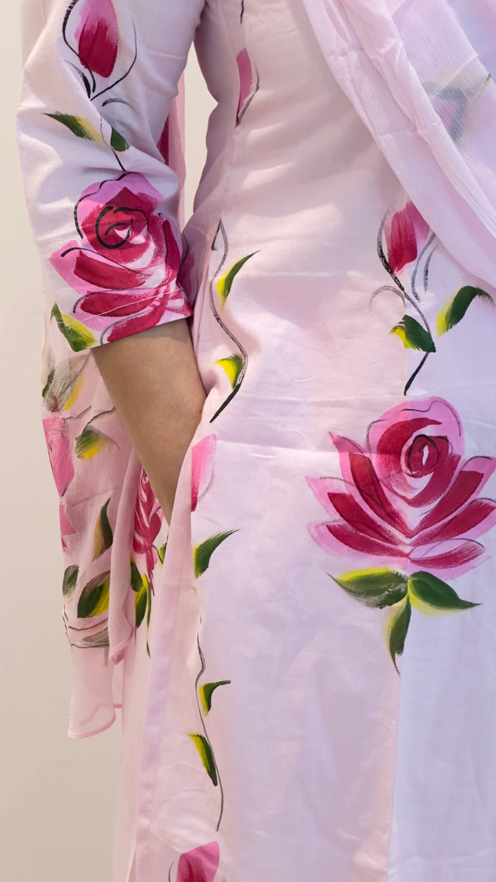 Pink-Cotton-Hand-Painted-Phool-Floral-Kurta-Set