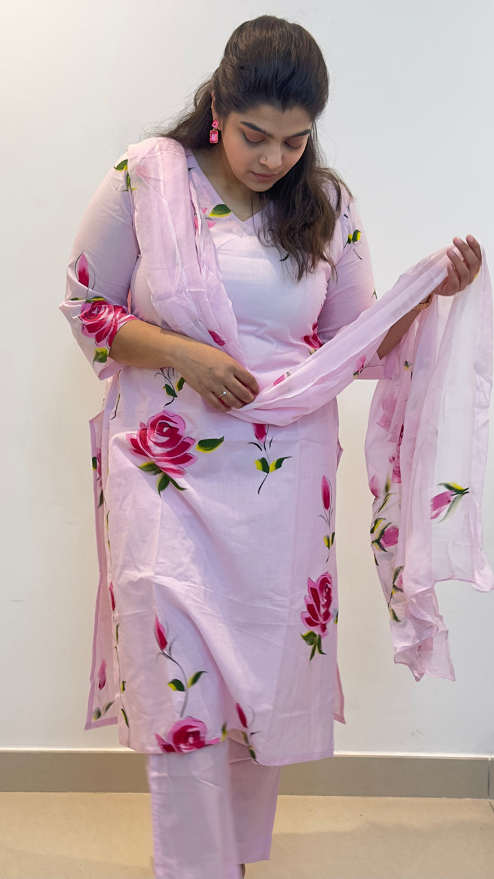 Pink-Cotton-Hand-Painted-Phool-Floral-Kurta-Set