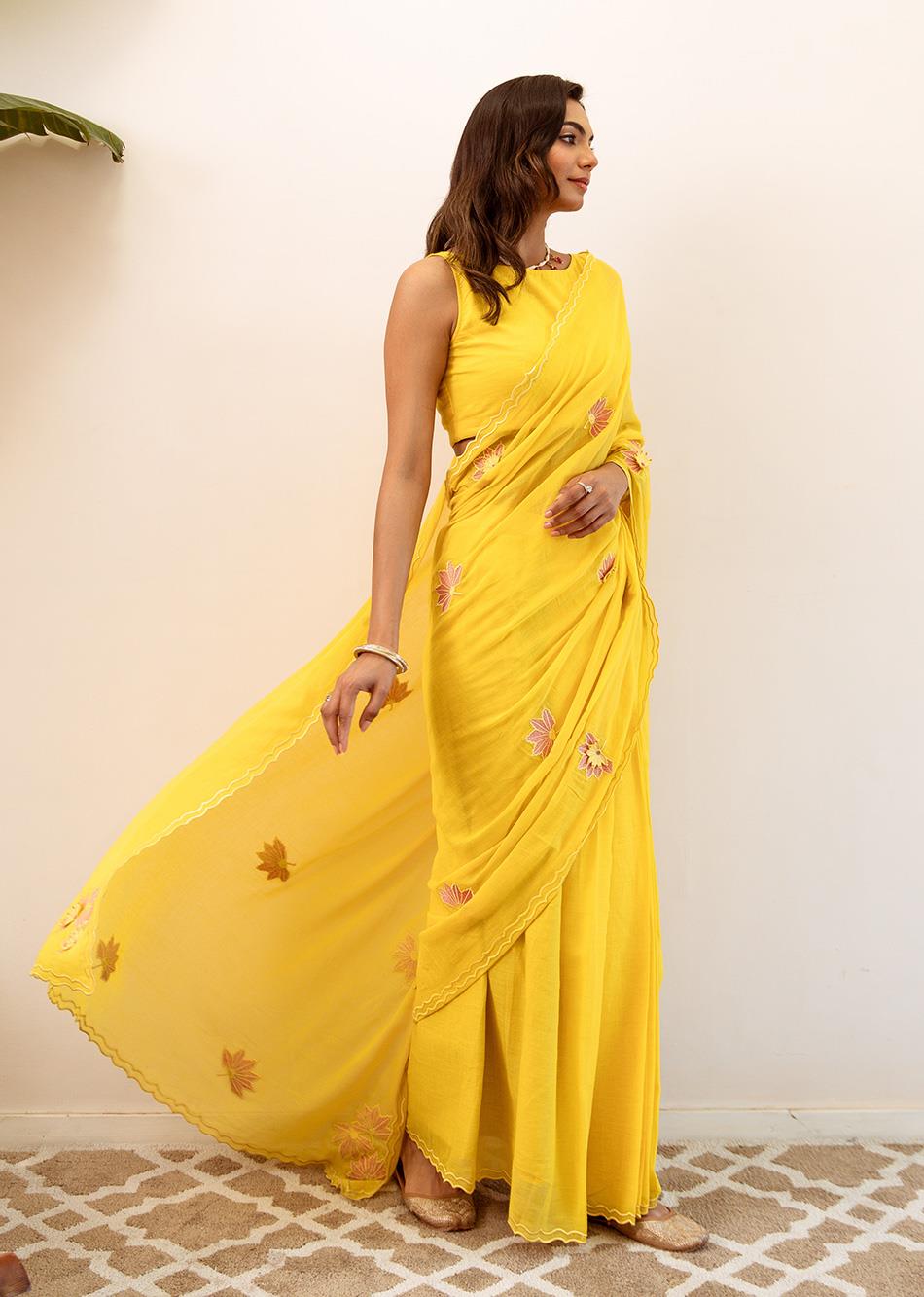 Gayatri-Yellow-Embossed-Embroidered-Pre-Draped-Saree