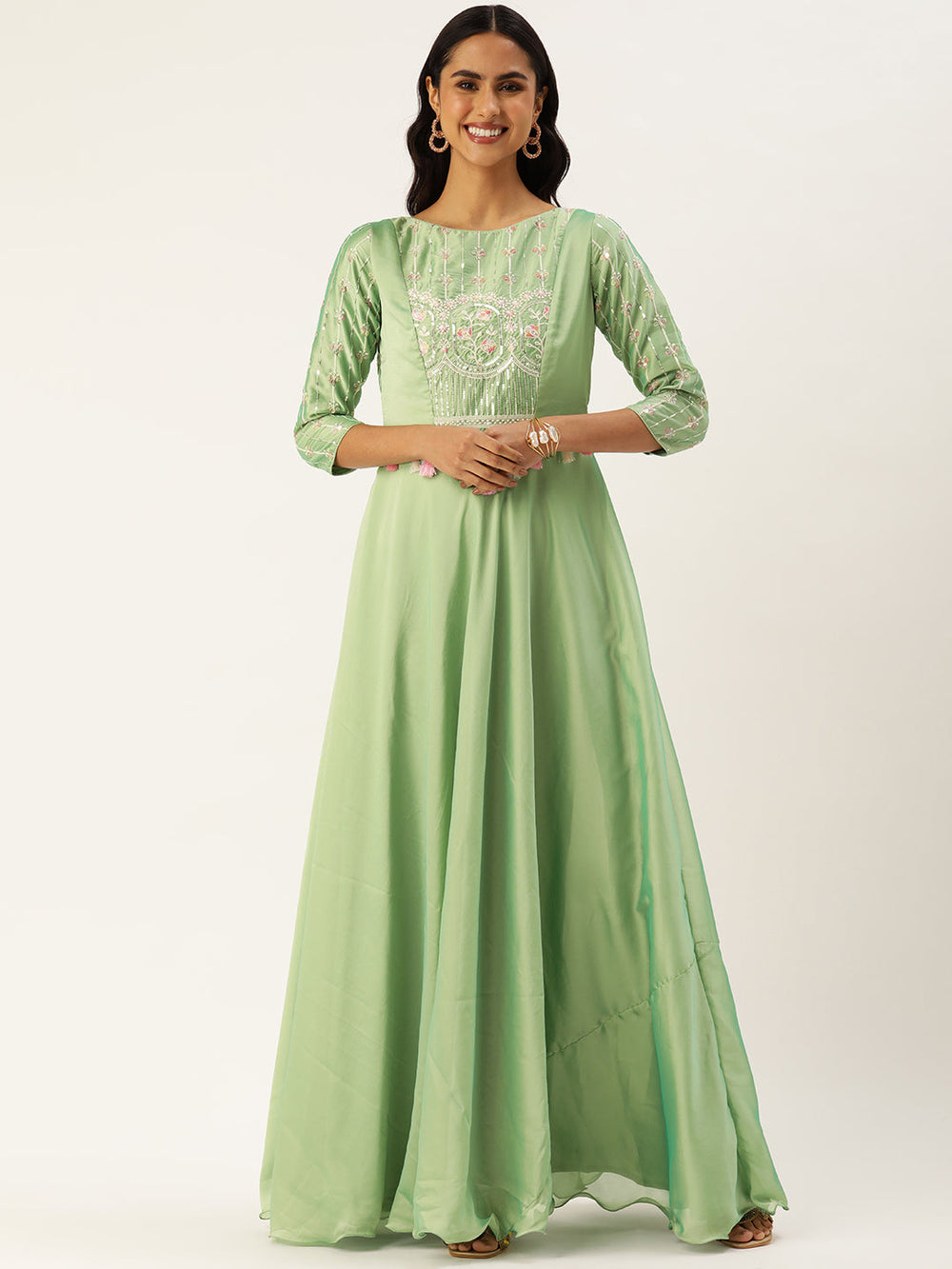 Green-Art-Silk-Embroidered-Patch-Style-Gown