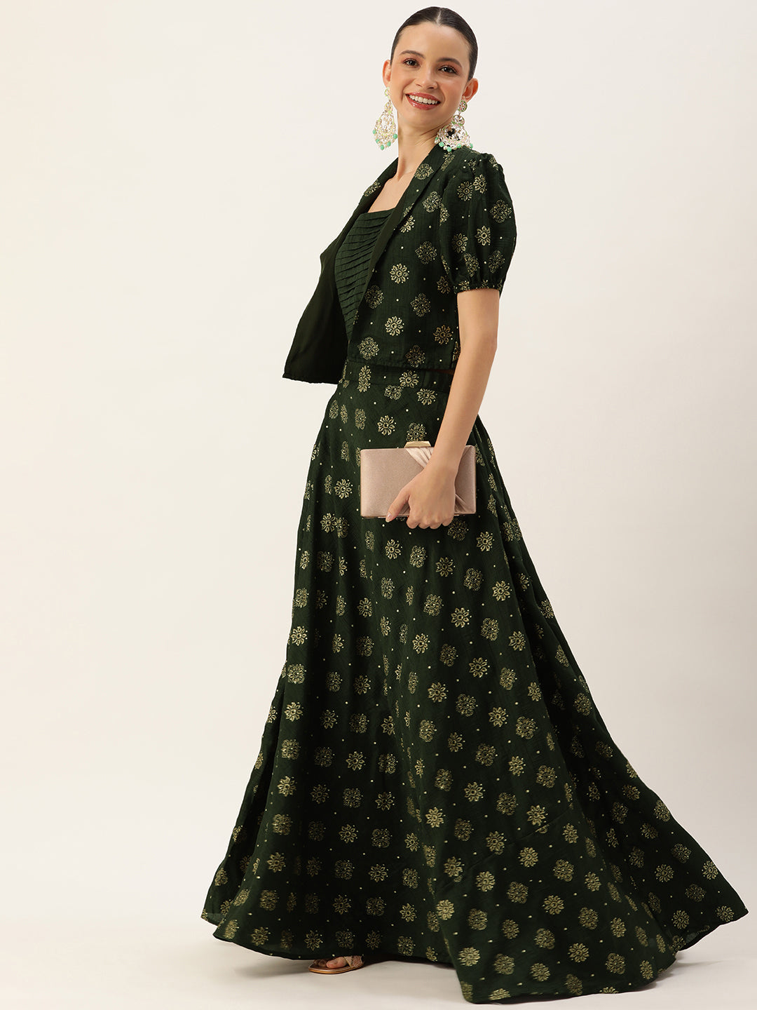 Green-Art-Silk-Foil-Printed-Crop-Top-&-Skirt-With-Jacket