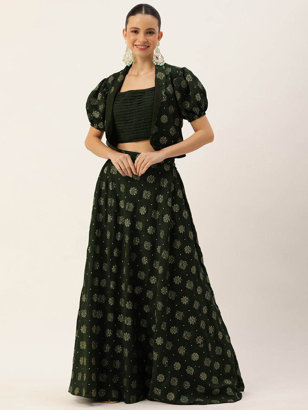 Green-Art-Silk-Foil-Printed-Crop-Top-&-Skirt-With-Jacket