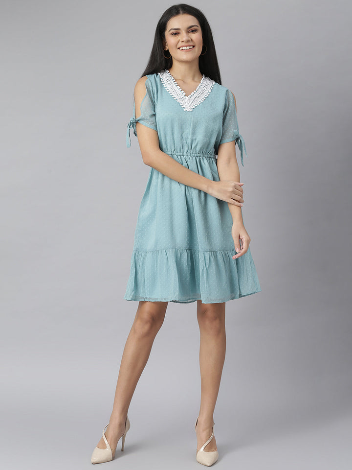 Green-Chiffon-Self-Design-Dress-With-Neck-Lace