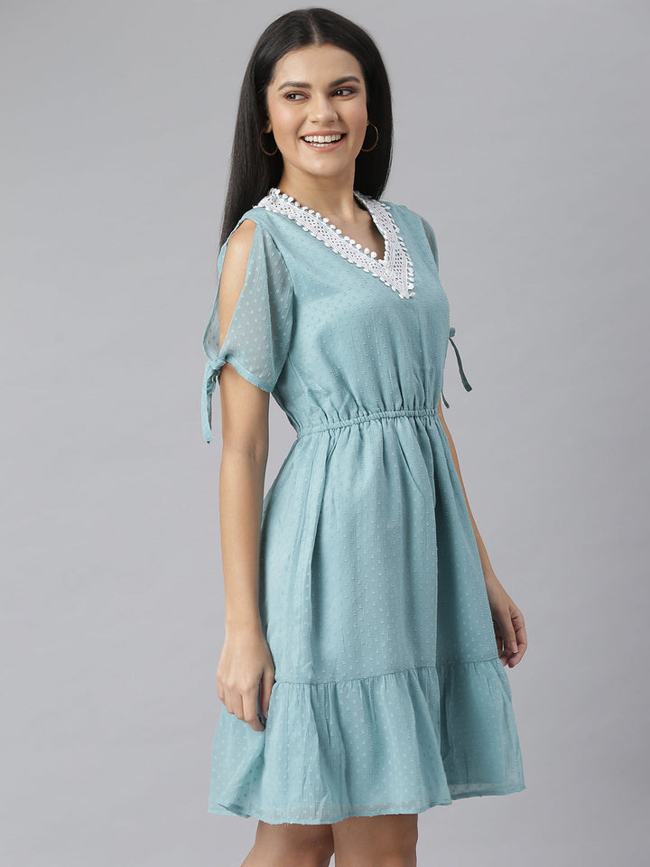 Green-Chiffon-Self-Design-Dress-With-Neck-Lace