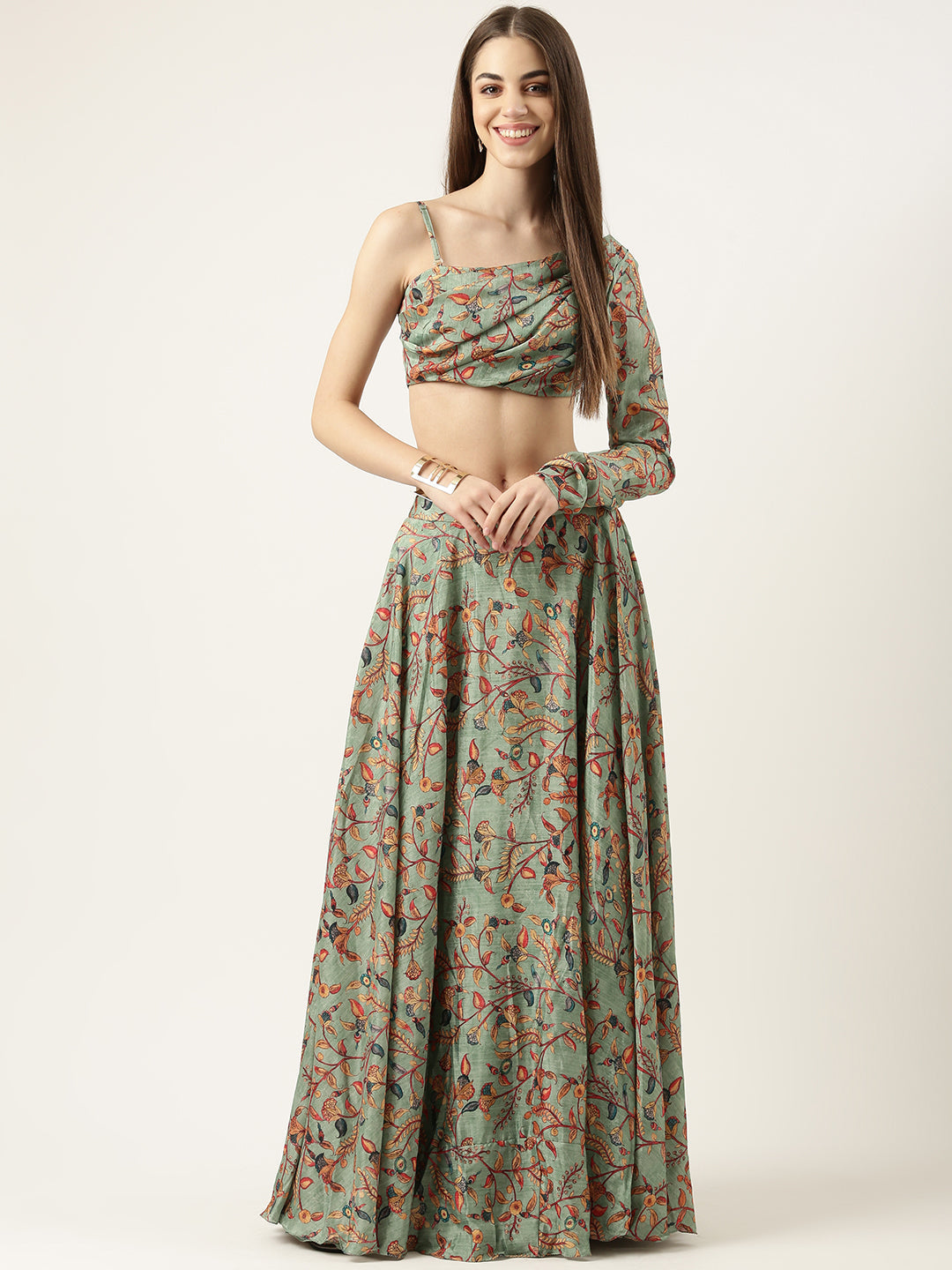 Green-Chinon-One-Shoulder-Neck-Printed-Skirt-Set
