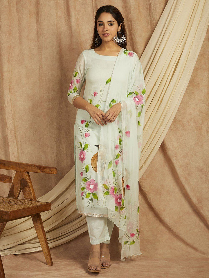 Green-Cotton-Hand-Painted-Floral-Print-3-Piece-Kurta-Set
