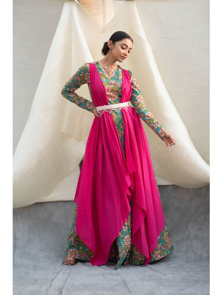 Green-Cotton-Long-Dress-With-Flared-Dupatta