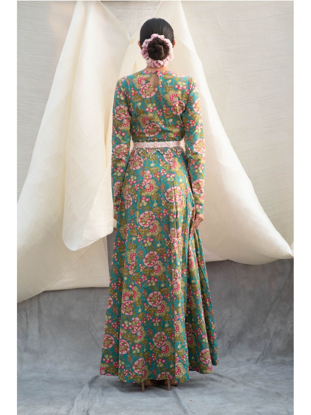 Green-Cotton-Long-Dress-With-Flared-Dupatta