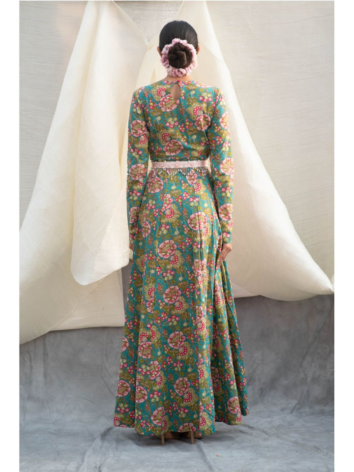 Green-Cotton-Long-Dress-With-Flared-Dupatta