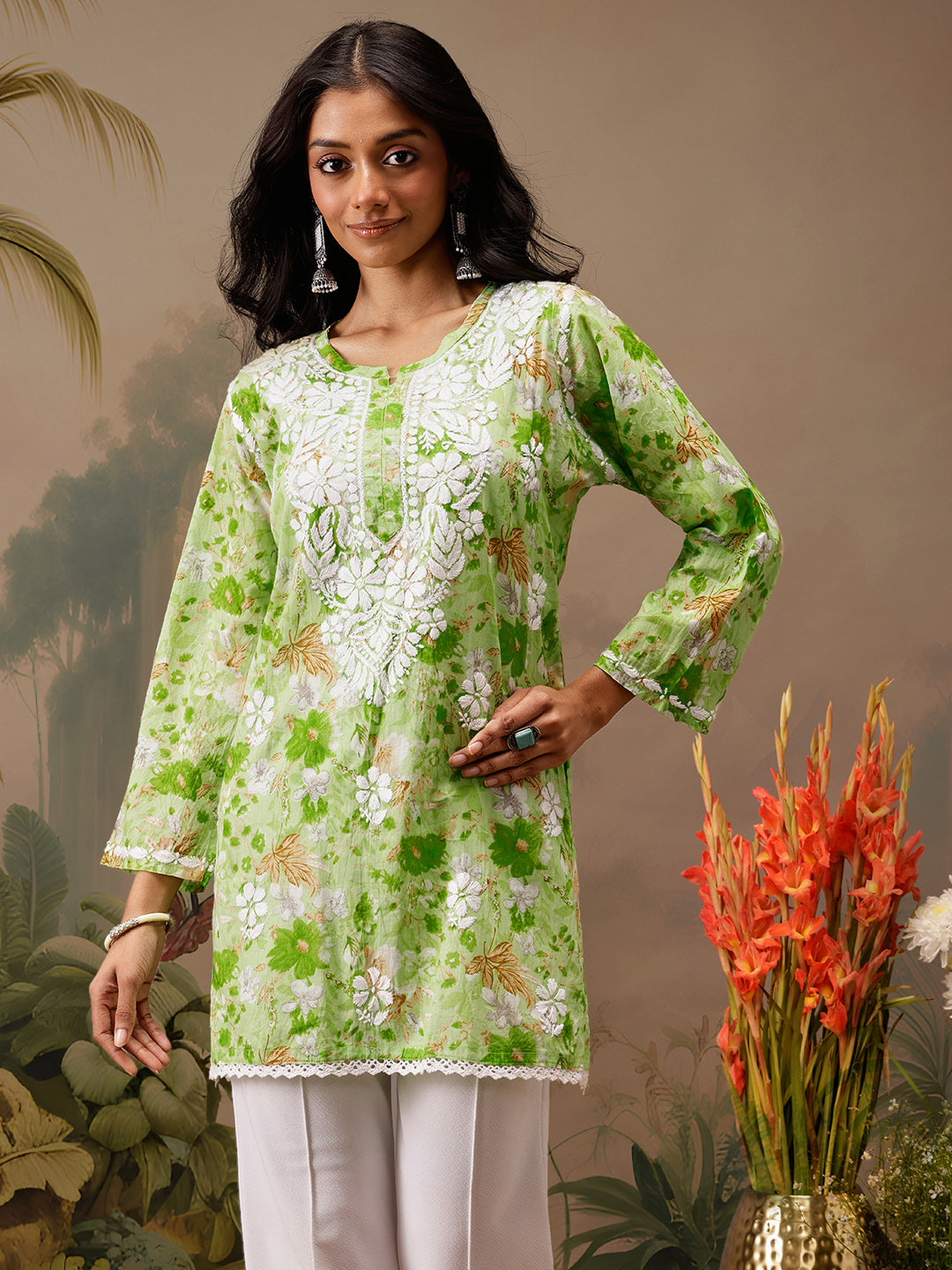 Green Cotton Lucknowi Chikankari Tunic Only
