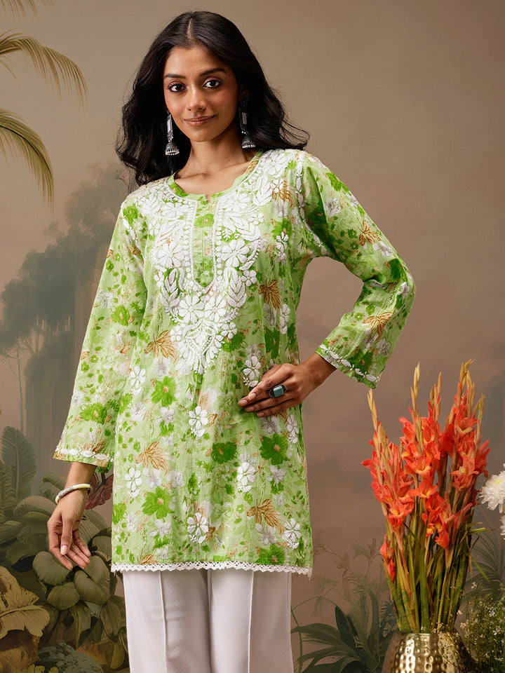 Green Cotton Lucknowi Chikankari Tunic Only