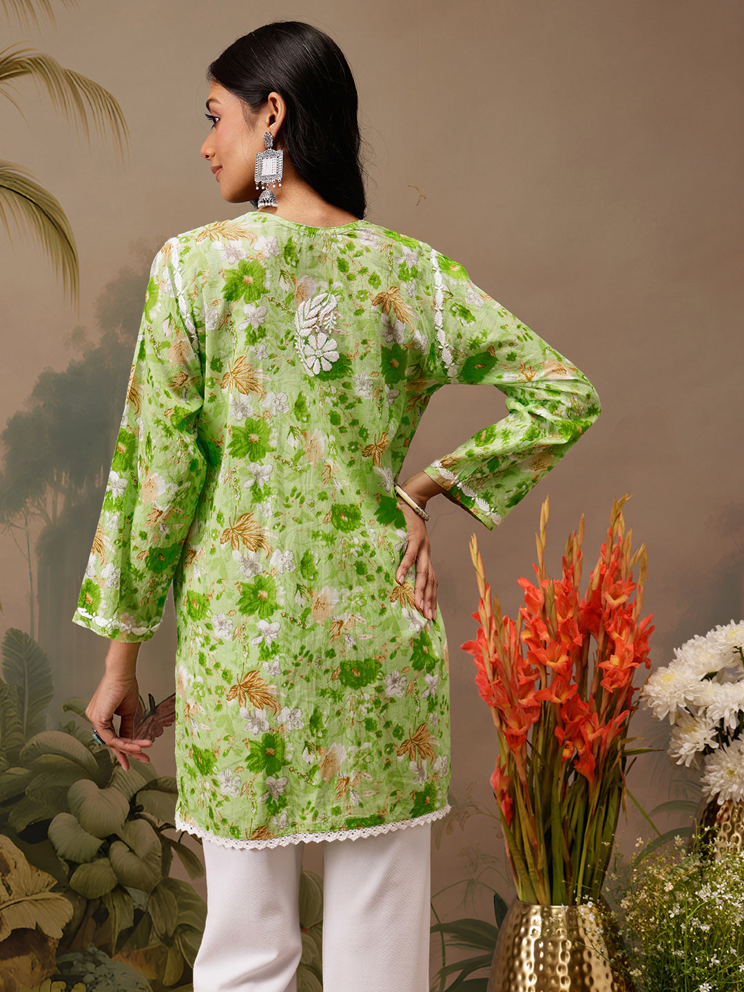 Green Cotton Lucknowi Chikankari Tunic Only