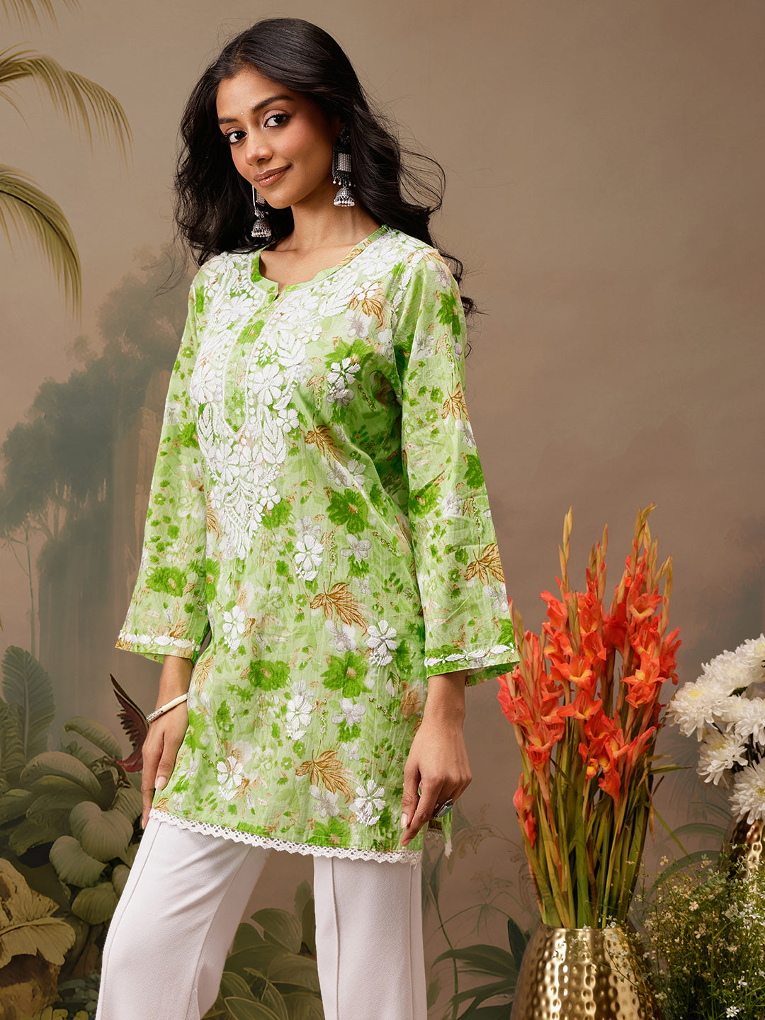 Green Cotton Lucknowi Chikankari Tunic Only
