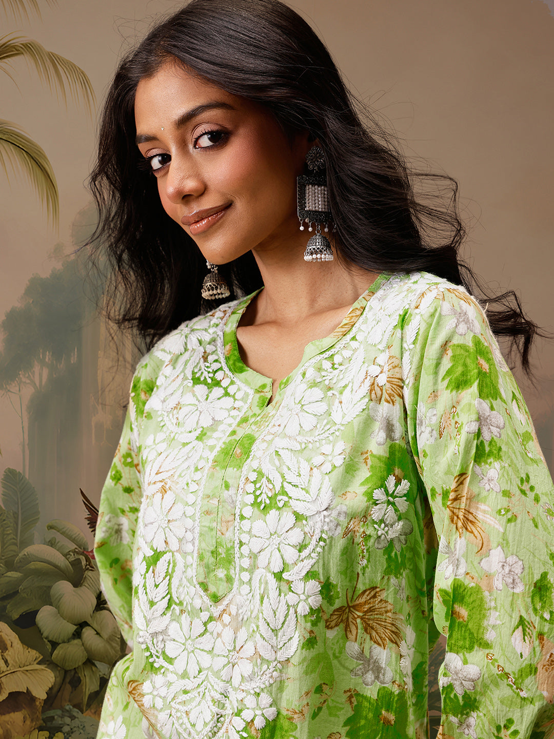 Green Cotton Lucknowi Chikankari Tunic Only