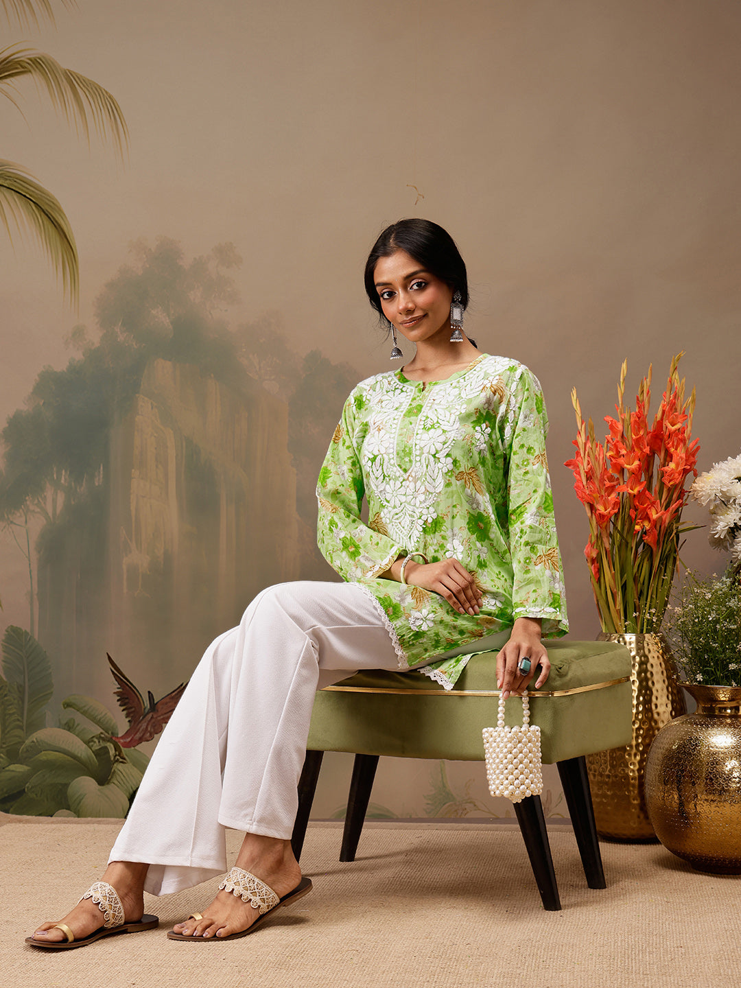 Green Cotton Lucknowi Chikankari Tunic Only