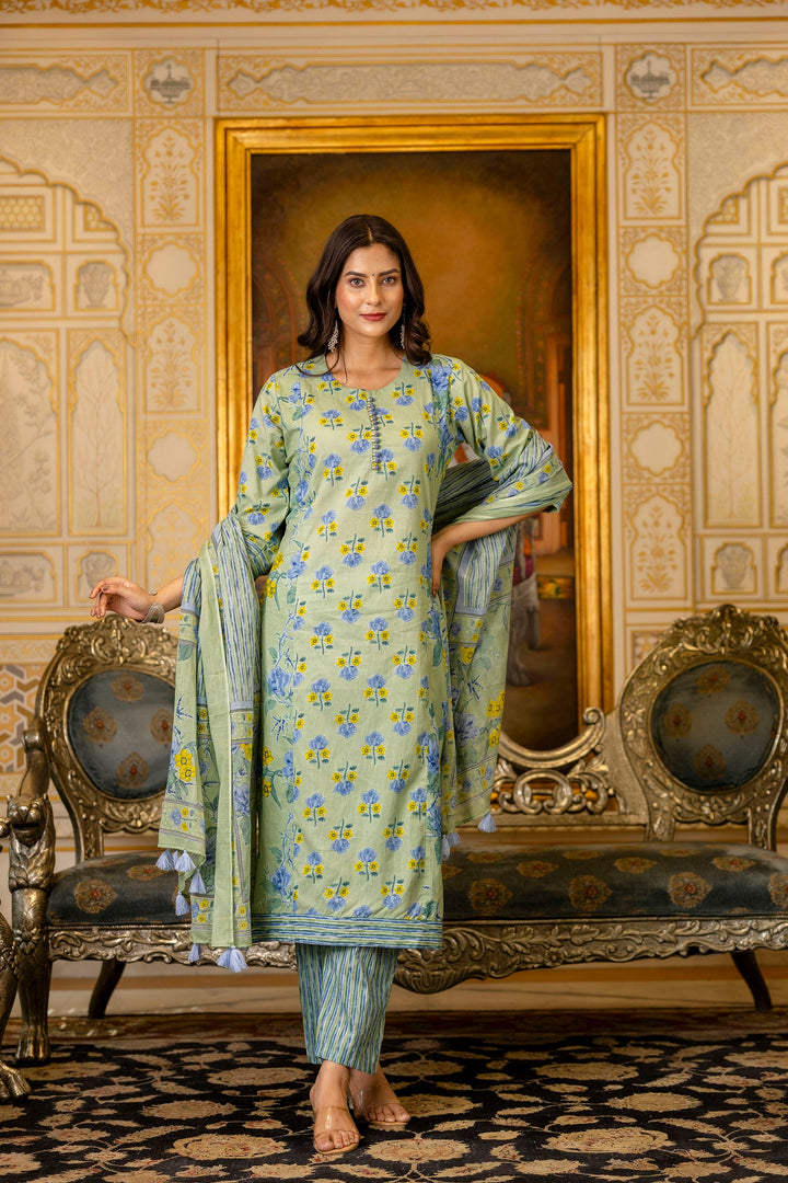 Green-Cotton-Printed-3-Piece-Kurta-Set