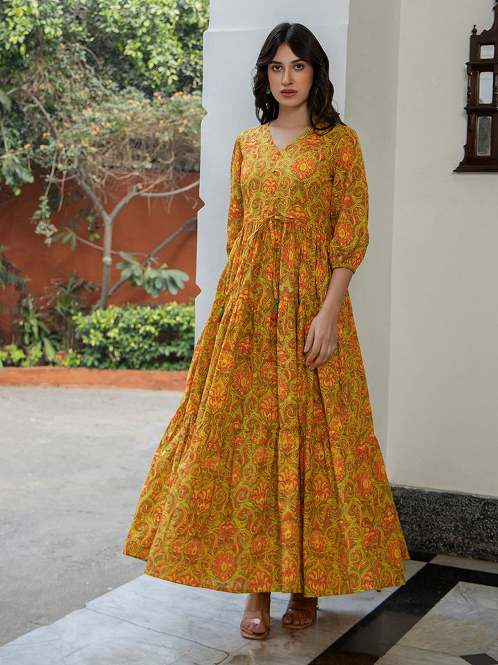 ZERESOUQ-Mustard-&-Green-Cotton-Printed-Maxi-Dress