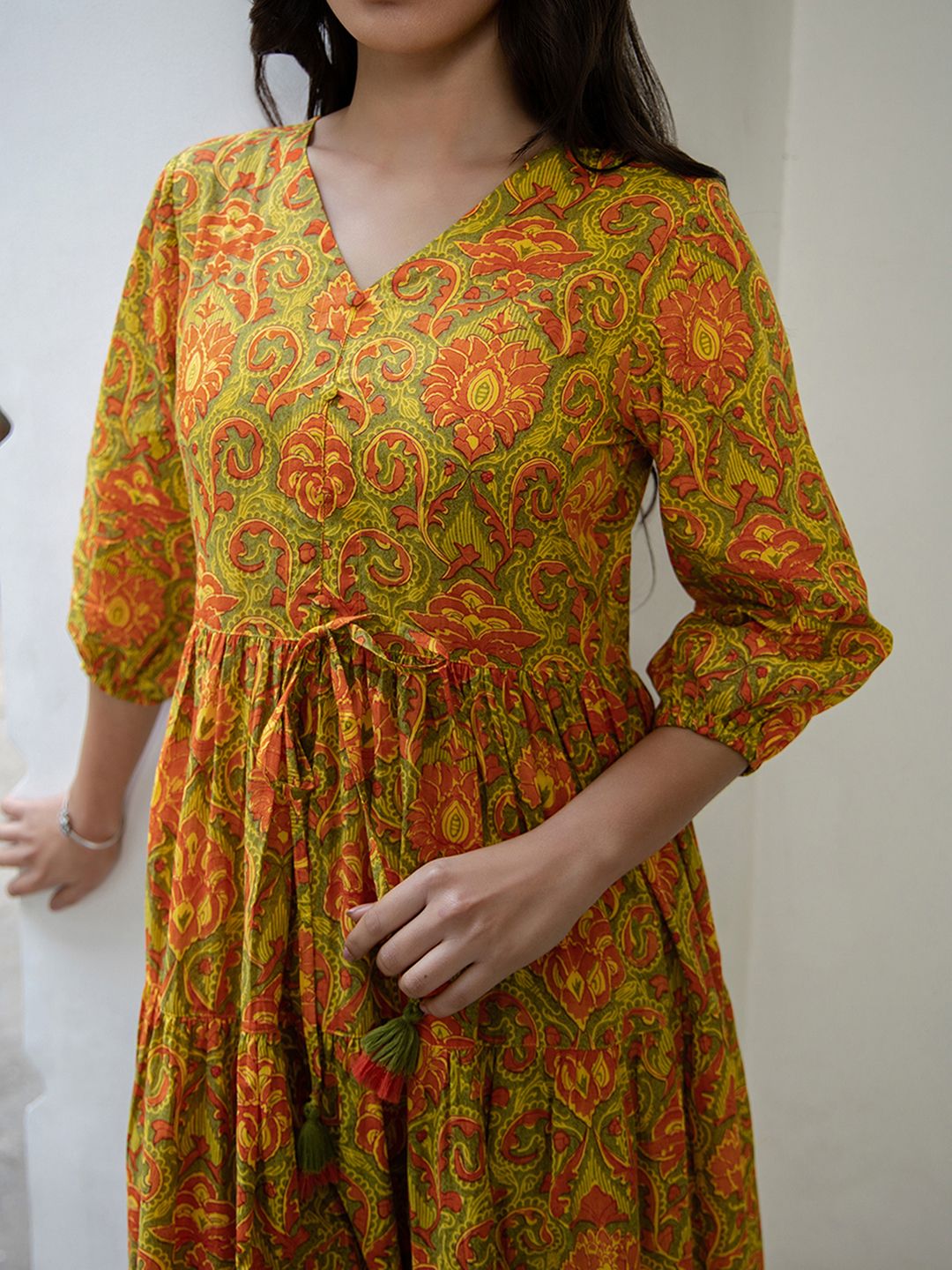 ZERESOUQ-Mustard-&-Green-Cotton-Printed-Maxi-Dress